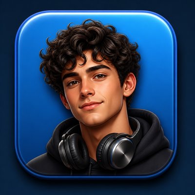 head-and-shoulders portrait of an original character: a young man with curly dark hair and headphones around his neck, plain backdrop, no text