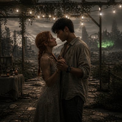 an original couple dancing under string lights in a garden at dusk: a man with short black hair in a linen shirt and a woman with braided red hair in a summer dress