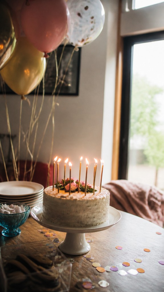 a birthday cake with lit candles surrounded by balloons and confetti, festive vertical composition, no text