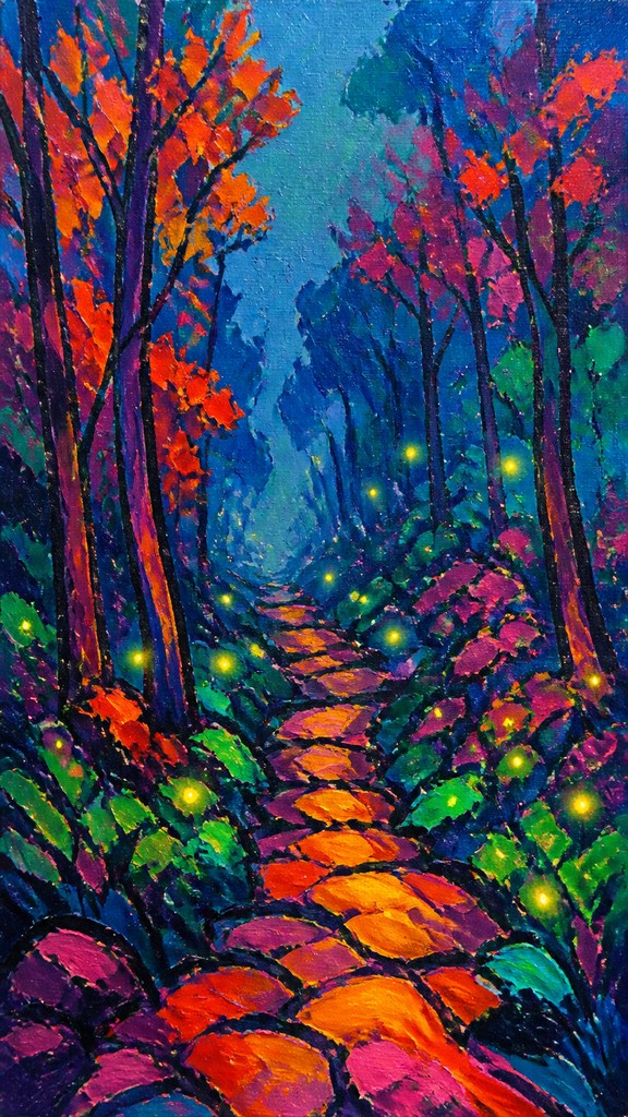 a mysterious forest path with fireflies and drifting mist, atmospheric vertical composition with open space at the top, no text