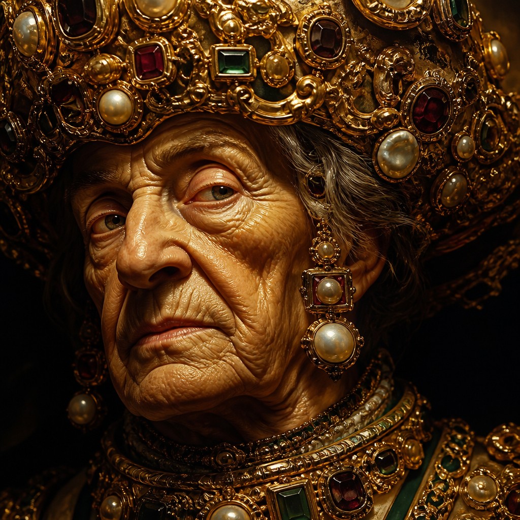 close-up portrait of an elderly person with expressive weathered features — Baroque Jewelry Style