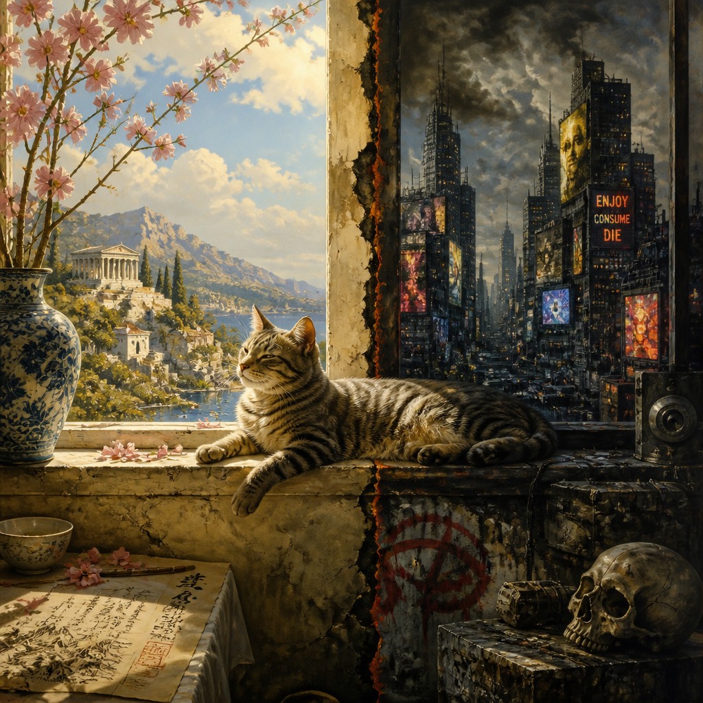 a cat lounging in a sunlit window — Bold Juxtaposition Art Style