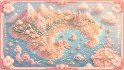 a map of an island realm with mountains, forests, a sheltered bay, sea monsters in the water and a compass rose, no text labels