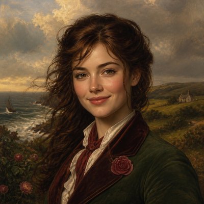 head-and-shoulders portrait of an original character: a young woman with wavy chestnut hair and a warm smile, plain soft backdrop