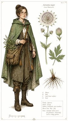 full-body original character: a wandering botanist with a satchel of plants, a patched green cloak, tall boots and round glasses, neutral background