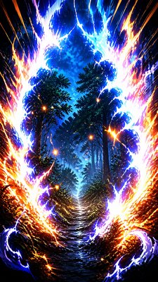 a mysterious forest path with fireflies and drifting mist, atmospheric vertical composition with open space at the top, no text