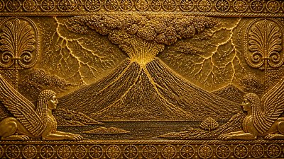 an erupting volcano with lightning strikes, dramatic wide composition, no text