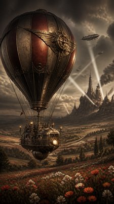a hot air balloon drifting over rolling flower fields on a sunny day, cheerful, no text