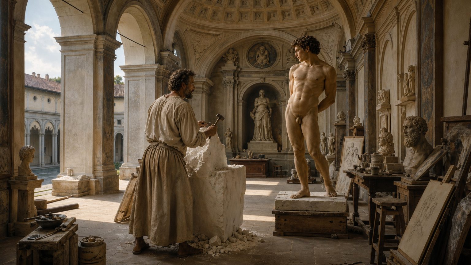 Michelangelo carving a standing model posing in his studio