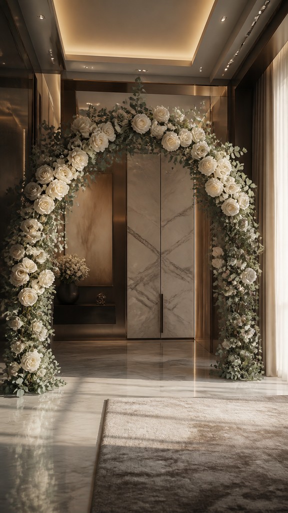 an arch of white roses and eucalyptus in soft morning light, elegant vertical composition with open space, no text