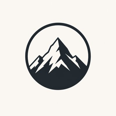 an emblem of a mountain peak inside a circle, simple bold shapes on a plain background, no text or lettering