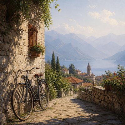 bicyle resting against a wall — Atmospheric Perspective Art Style