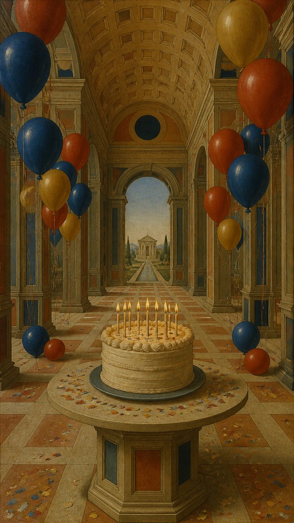 a birthday cake with lit candles surrounded by balloons and confetti, festive vertical composition, no text