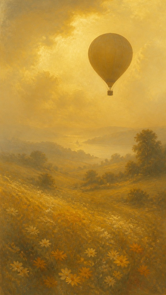 a hot air balloon drifting over rolling flower fields on a sunny day, cheerful, no text