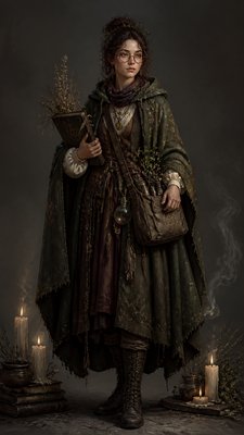 full-body original character: a wandering botanist with a satchel of plants, a patched green cloak, tall boots and round glasses, neutral background