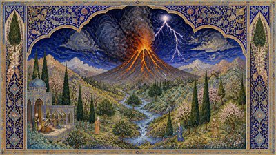 an erupting volcano with lightning strikes, dramatic wide composition, no text