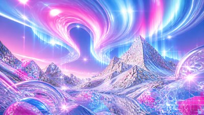 a flowing aurora over snowy peaks, wide sweeping composition, no people, no text