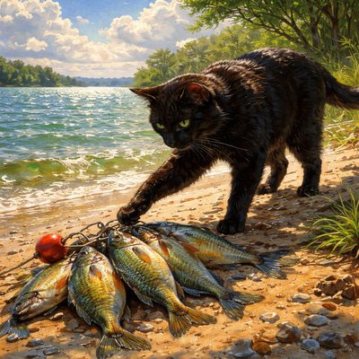 A mess of bluegill fish on a string with a black cat touching them with her paw on the shores of a lake. 