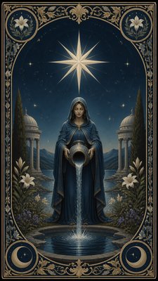 a robed figure pouring water beneath a large eight-pointed star in a night sky, symmetrical composition with an ornate decorative border, no text