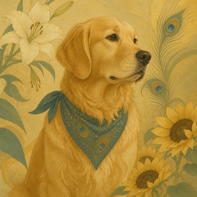 portrait of a golden retriever wearing a blue bandana, warm plain backdrop, no text