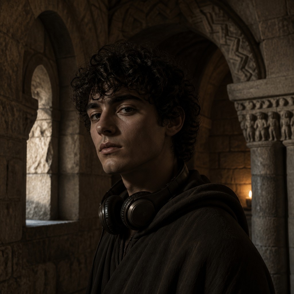 head-and-shoulders portrait of an original character: a young man with curly dark hair and headphones around his neck, plain backdrop, no text