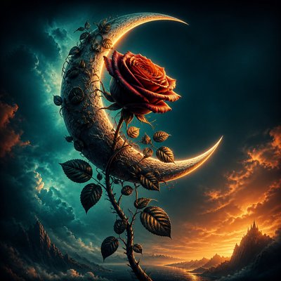a rose entwined with a crescent moon, clean balanced composition on a plain background, no text