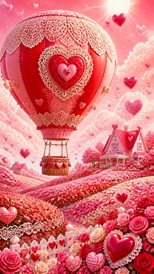 a hot air balloon drifting over rolling flower fields on a sunny day, cheerful, no text