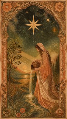a robed figure pouring water beneath a large eight-pointed star in a night sky, symmetrical composition with an ornate decorative border, no text
