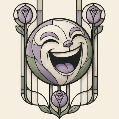 an exaggerated laughing face of an original round mascot character, bold and readable at small size, plain background, no text