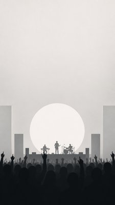 a live music scene with a glowing stage and silhouetted crowd, energetic vertical composition with open space at the top, no text