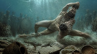 ancient greek ignudi athletes fighting one another under water