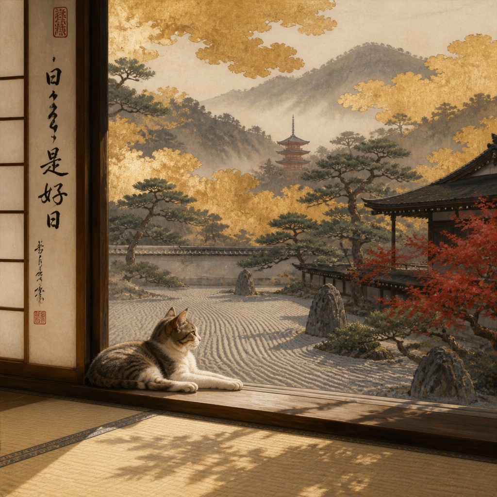 a cat lounging in a sunlit window — Kyoto Zen Art Style