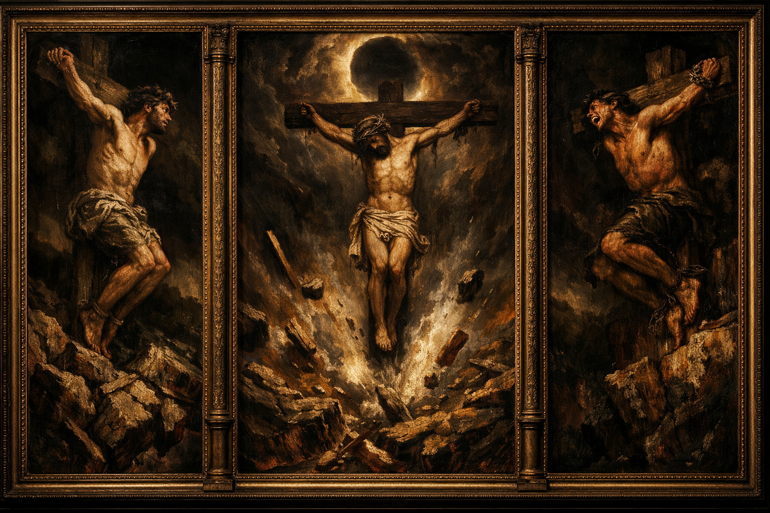 A triptych oil painting, presented as three heavily framed, connected panels in the dramatic, tenebrism style of Baroque masters like Caravaggio. The overall atmosphere is one of supernatural, oppressive darkness and violent chaos.
The Left Panel shows the penitent thief on his cross, body twisted in pain but his face turned toward the center panel with a look of sorrowful acceptance. A faint, supernatural light illuminates his face against a nearly black sky. Below him, rocks are splitting.
The Center Panel is dominated by Jesus on the cross, head bowed in finality. The sky is a swirling vortex of eclipse darkness, blotting out the sun. The ground beneath the cross is violently cracking open, emitting dust and smoke, with debris caught in mid-air from the earthquake shockwave.
The Right Panel shows the impenitent thief, writhing and screaming against his bonds, his face contorted in rage looking away from the center. He is almost swallowed by the shadows. The cross appears unstable as the cliffside crumbles beneath it. The entire triptych has a rich, dark color palette of deep browns, blacks, and muted crimson, textured with visible, frantic brushstrokes.