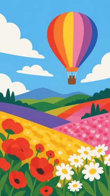 a hot air balloon drifting over rolling flower fields on a sunny day, cheerful, no text