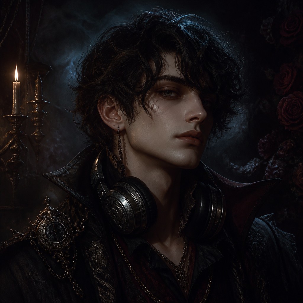 head-and-shoulders portrait of an original character: a young man with curly dark hair and headphones around his neck, plain backdrop, no text