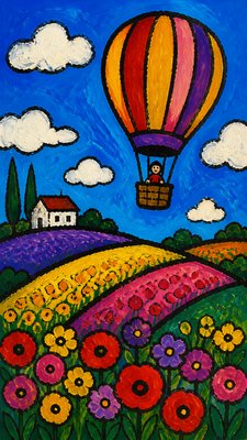a hot air balloon drifting over rolling flower fields on a sunny day, cheerful, no text
