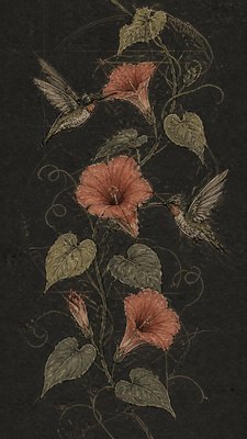 a climbing vine of flowers and hummingbirds on a dark background, tall wrapping composition, no text