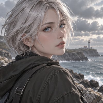 A fair-skinned, gorgeous-looking woman with short silver hair and blue eyes, looking over her shoulder beside the sea on a cloudy day. Close-up portrait.