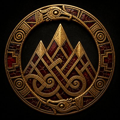 an emblem of a mountain peak inside a circle, simple bold shapes on a plain background, no text or lettering