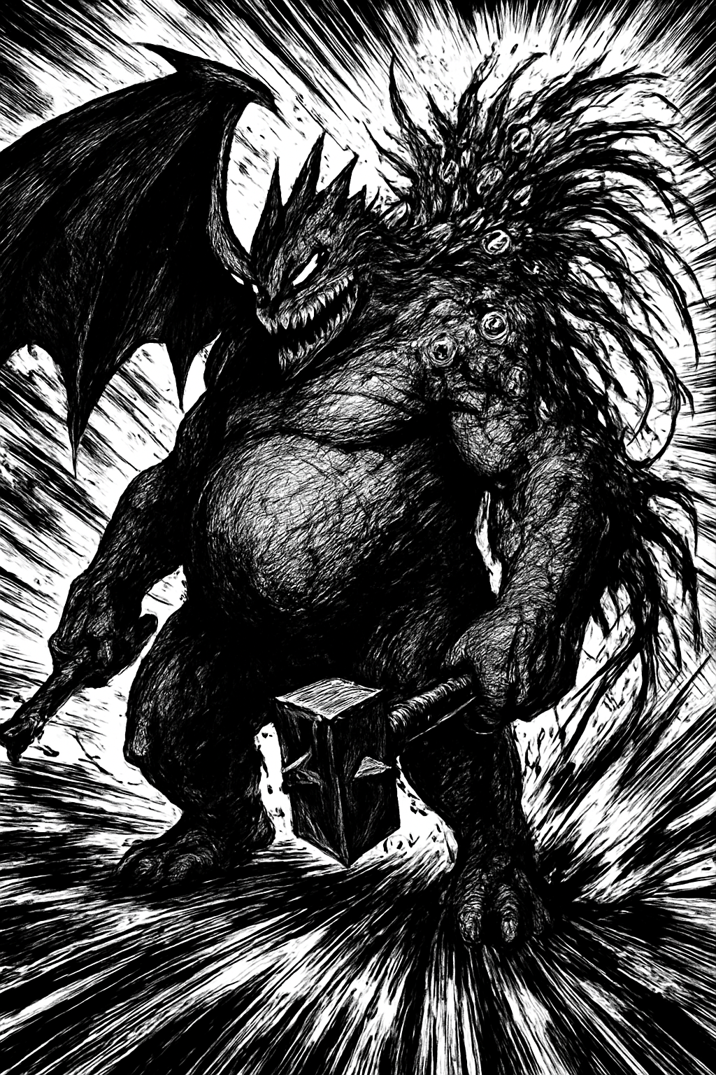 a black and white drawing of a demon