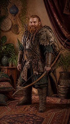 full-body original character: a dwarven ranger with a braided auburn beard, worn leather armor, a longbow and a wolf-pelt cloak, neutral background, no text