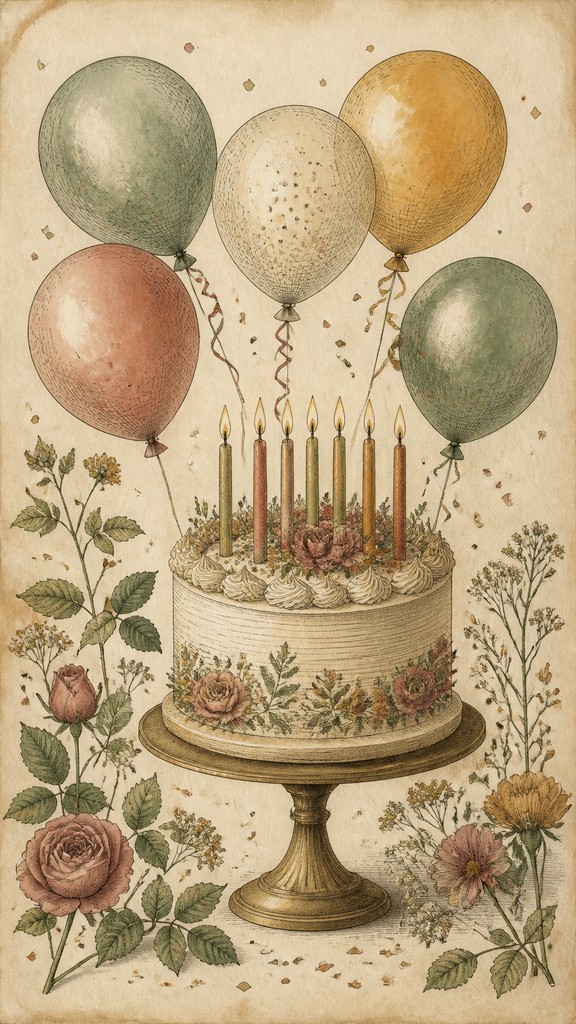 a birthday cake with lit candles surrounded by balloons and confetti, festive vertical composition, no text
