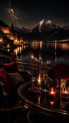 a tranquil mountain lake beneath a starry night sky, no people, no text