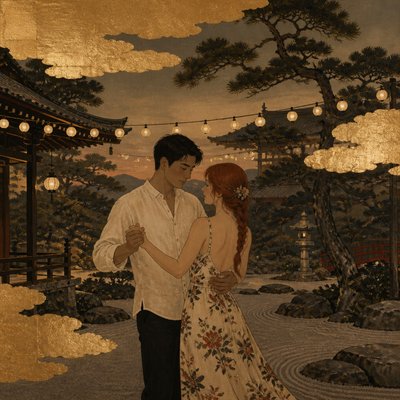 an original couple dancing under string lights in a garden at dusk: a man with short black hair in a linen shirt and a woman with braided red hair in a summer dress