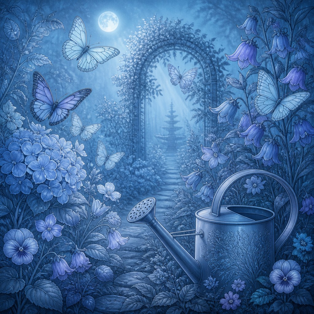 a garden scene with butterflies, flowers and a watering can, clean uncolored line art, no text