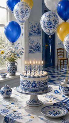 a birthday cake with lit candles surrounded by balloons and confetti, festive vertical composition, no text