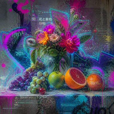 still life arrangement of fruits and flowers