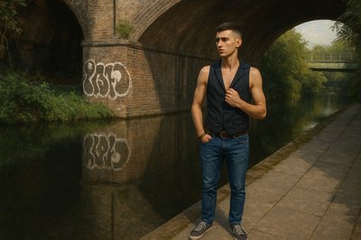 a man standing in front of a river under a bridge