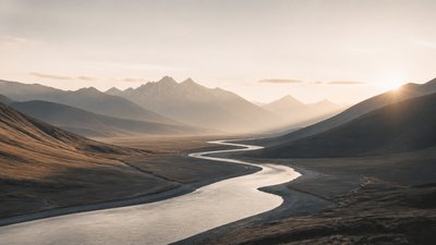 a vast valley with a river winding toward distant mountains at sunrise, no people, no text