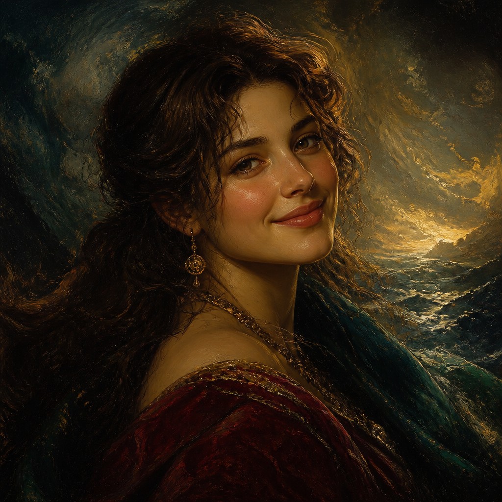 head-and-shoulders portrait of an original character: a young woman with wavy chestnut hair and a warm smile, plain soft backdrop
